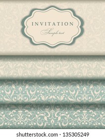 Wedding invitation cards baroque style green and beige. Vintage Pattern. Damascus style ornament. Frame with flowers elements. Vector illustration.