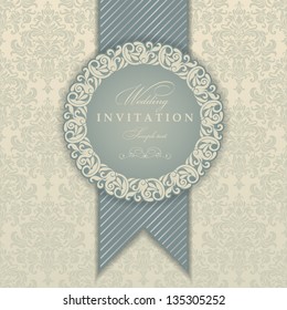 Wedding invitation cards baroque style blue and beige. Vintage Pattern. Damascus style ornament. Frame with flowers elements. Vector illustration.