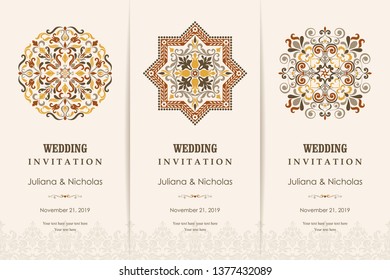 Wedding invitation cards  baroque style. Vintage  Pattern. Retro Victorian ornament. Frame with flowers elements. Vector illustration.