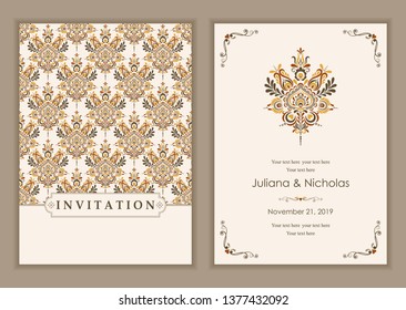 Wedding invitation cards  baroque style. Vintage  Pattern. Retro Victorian ornament. Frame with flowers elements. Vector illustration.