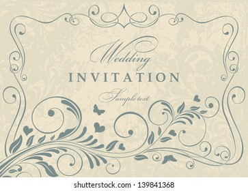 Wedding invitation cards baroque style blue and beige. Vintage Pattern. Damascus style ornament. Frame with flowers elements. Vector illustration.