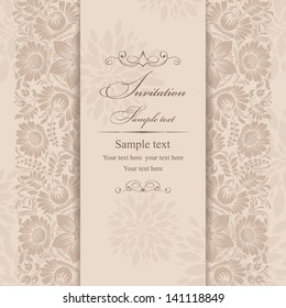 Wedding invitation cards baroque style brown and beige. Vintage Pattern. Damascus style ornament. Frame with flowers elements. Vector illustration.