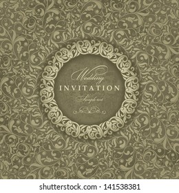 Wedding invitation cards baroque style green and gold. Vintage Pattern. Damascus style ornament. Frame with flowers elements. Vector illustration.