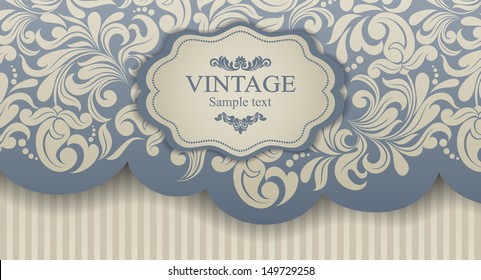 Wedding invitation cards baroque style blue and beige. Vintage Pattern. Damascus style ornament. Frame with flowers elements. Vector illustration.
