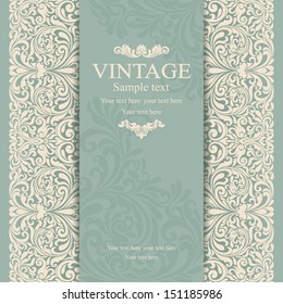 Wedding invitation cards baroque style green and beige. Vintage Pattern. Damascus style ornament. Frame with flowers elements. Vector illustration.