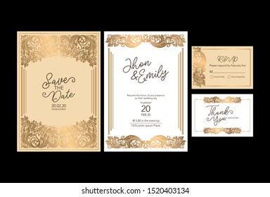 Wedding invitation cards baroque style  gold. Vintage Pattern. Retro Victorian ornament. Frame with flowers elements. Vector illustration. - Vector