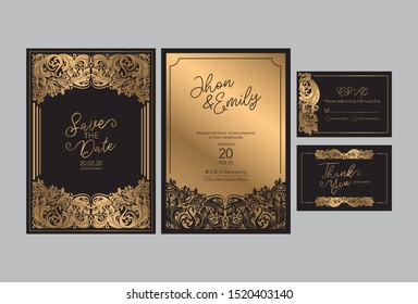 Wedding invitation cards baroque style  gold. Vintage Pattern. Retro Victorian ornament. Frame with flowers elements. Vector illustration. - Vector