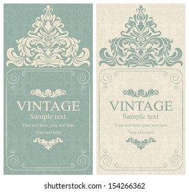 Wedding invitation cards baroque style green and beige. Vintage Pattern. Damascus style ornament. Frame with flowers elements. Vector illustration.