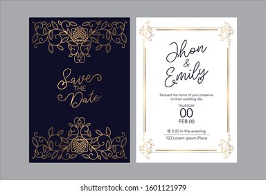 Wedding invitation cards baroque style  gold. Vintage Pattern. Retro Victorian ornament. Frame with flowers elements. Vector illustration. - Vector