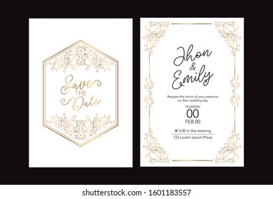 Wedding invitation cards baroque style  gold. Vintage Pattern. Retro Victorian ornament. Frame with flowers elements. Vector illustration. - Vector