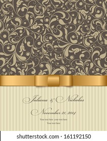 Wedding invitation cards baroque style brown and gold. Vintage Pattern. Retro Victorian ornament. Frame with flowers elements. Vector illustration.