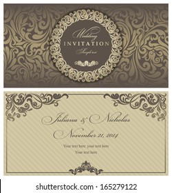 Wedding invitation cards baroque style brown and gold. Vintage Pattern. Retro Victorian ornament. Frame with flowers elements. Vector illustration.