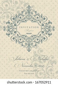 Wedding invitation cards baroque style blue and beige. Vintage Pattern. Retro Victorian ornament. Frame with flowers elements. Vector illustration.