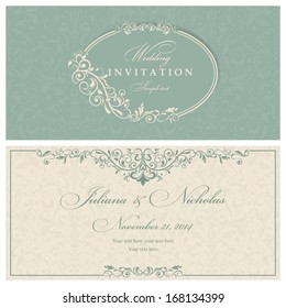 Wedding invitation cards baroque style green and beige. Vintage Pattern. Retro Victorian ornament. Frame with flowers elements. Vector illustration.