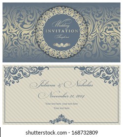 Wedding invitation cards baroque style blue and gold. Vintage Pattern. Retro Victorian ornament. Frame with flowers elements. Vector illustration.