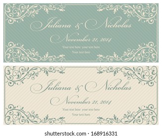 Wedding invitation cards baroque style green and beige. Vintage Pattern. Retro Victorian ornament. Frame with flowers elements. Vector illustration.