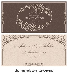 Wedding invitation cards baroque style brown and beige. Vintage Pattern. Retro Victorian ornament. Frame with flowers elements. Vector illustration.