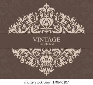 Wedding invitation cards baroque style brown and beige. Vintage Pattern. Retro Victorian ornament. Frame with flowers elements. Vector illustration.