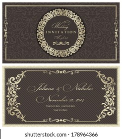 Wedding invitation cards  baroque style brown and gold. Vintage  Pattern. Retro Victorian ornament. Frame with flowers elements. Vector illustration.