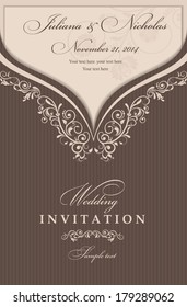 Tarjetas de invitación de boda estilo barroco marrón y beige. Patrón de vintage. El adorno victoriano retro. Marco florido. Ilustración vectorial.