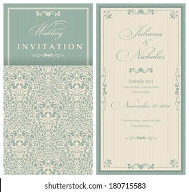 Wedding invitation cards  baroque style green and beige. Vintage  Pattern. Retro Victorian ornament. Frame with flowers elements. Vector illustration.