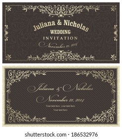 Wedding invitation cards  baroque style brown and gold. Vintage  Pattern. Retro Victorian ornament. Frame with flowers elements. Vector illustration.