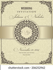 Wedding invitation cards  baroque style brown and beige. Vintage  Pattern. Retro Victorian ornament. Frame with flowers elements. Vector illustration.