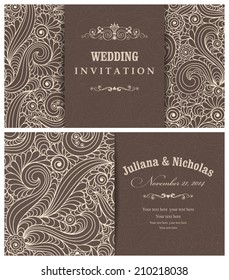 Wedding invitation cards  baroque style brown and beige. Vintage  Pattern. Retro Victorian ornament. Frame with flowers elements. Vector illustration.