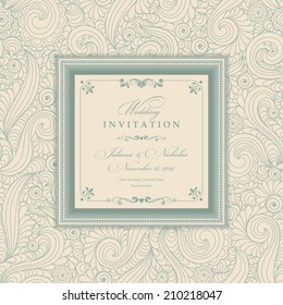 Wedding invitation cards  baroque style green and beige. Vintage  Pattern. Retro Victorian ornament. Frame with flowers elements. Vector illustration.