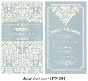 Wedding invitation cards  baroque style blue and beige. Vintage  Pattern. Retro Victorian ornament. Frame with flowers elements. Vector illustration.