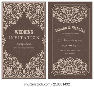 Wedding invitation cards  baroque style brown and beige. Vintage  Pattern. Retro Victorian ornament. Frame with flowers elements. Vector illustration.