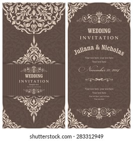 Wedding invitation cards  baroque style brown and beige. Vintage  Pattern. Retro Victorian ornament. Frame with flowers elements. Vector illustration.