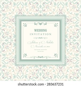 Wedding invitation cards  baroque style beige, gray and green. Vintage  Pattern. Retro Victorian ornament. Frame with flowers elements. Vector illustration.