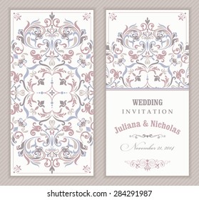 Wedding invitation cards  baroque style blue, violet and beige. Vintage  Pattern. Retro Victorian ornament. Frame with flowers elements. Vector illustration.