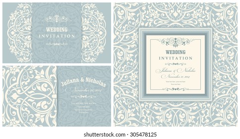 Wedding invitation cards  baroque style blue and beige. Vintage  Pattern. Retro Victorian ornament. Frame with flowers elements. Vector illustration.