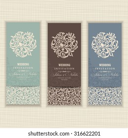 Tarjetas de invitación de boda de estilo barroco azul. marrón y verde. Patrón de vintage. El adorno victoriano retro. Marco florido. Ilustración vectorial.