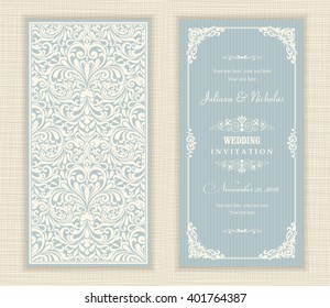 Wedding invitation cards  baroque style blue and beige. Vintage  Pattern. Retro Victorian ornament. Frame with flowers elements. Vector illustration.