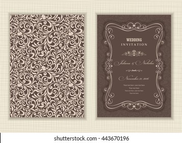 Wedding invitation cards  baroque style brown and beige. Vintage  Pattern. Retro Victorian ornament. Frame with flowers elements. Vector illustration.