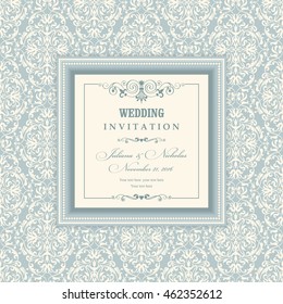 Wedding invitation cards  baroque style blue and beige. Vintage  Pattern. Retro Victorian ornament. Frame with flowers elements. Vector illustration.