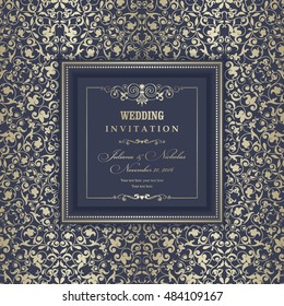 Wedding invitation cards  baroque style blue and gold. Vintage  Pattern. Retro Victorian ornament. Frame with flowers elements. Vector illustration.