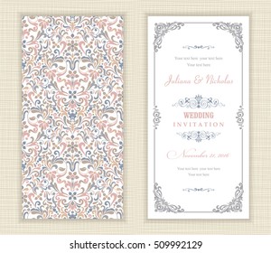 Wedding invitation cards  baroque style blue and pink. Vintage  Pattern. Retro Victorian ornament. Frame with flowers elements. Vector illustration.