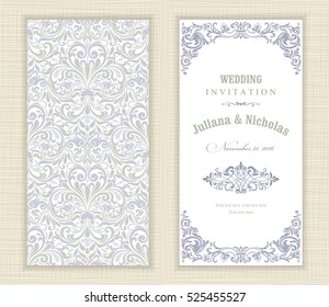 Wedding invitation cards  baroque style blue and green. Vintage  Pattern. Retro Victorian ornament. Frame with flowers elements. Vector illustration.