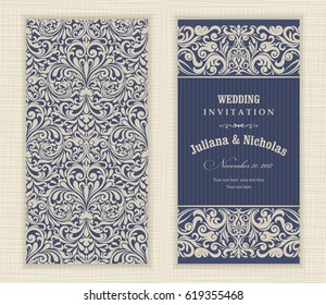 Wedding invitation cards baroque style blue and beige. Vintage Pattern. Damascus style ornament. Frame with flowers elements. Vector illustration.