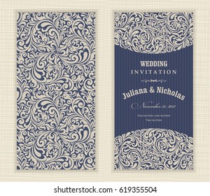 Wedding invitation cards baroque style blue and beige. Vintage Pattern. Retro Damascus ornament. Frame with flowers elements. Vector illustration.