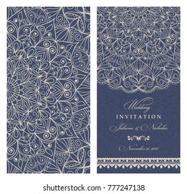 Wedding invitation cards  baroque style blue and beige. Vintage  Pattern. Retro Victorian ornament. Frame with flowers elements. Vector illustration.