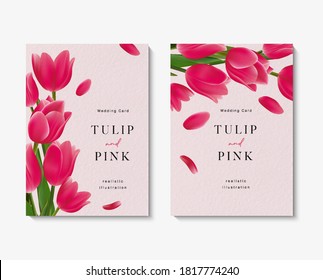 Wedding invitation cards with beautiful pink tulip flowers template.