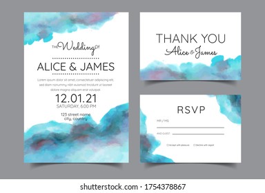 wedding invitation cards with beautifully hand drawn watercolor backgrounds. Includes invitation templates, RSVP and thank you cards. Vector