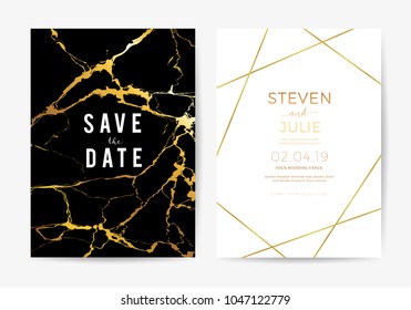 Wedding Invitation cards with black marble texture and gold line vector