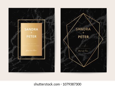 Wedding Invitation Cards With Black Marble Background Texture And Gold Geometric Line Vector 