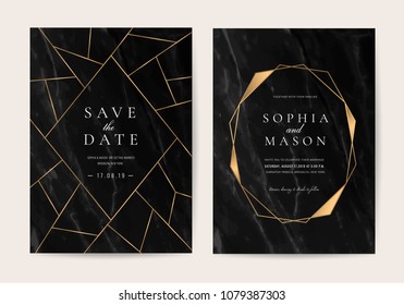 Wedding Invitation Cards With Black Marble Background Texture And Gold Geometric Line Vector 